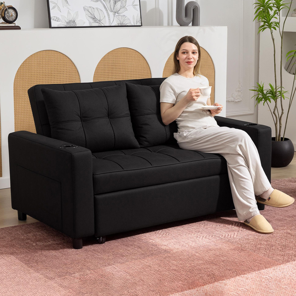 Portland 2 Seater Black Pull Out Sofa Bed with Adjustable Backrest and Pockets Image 1