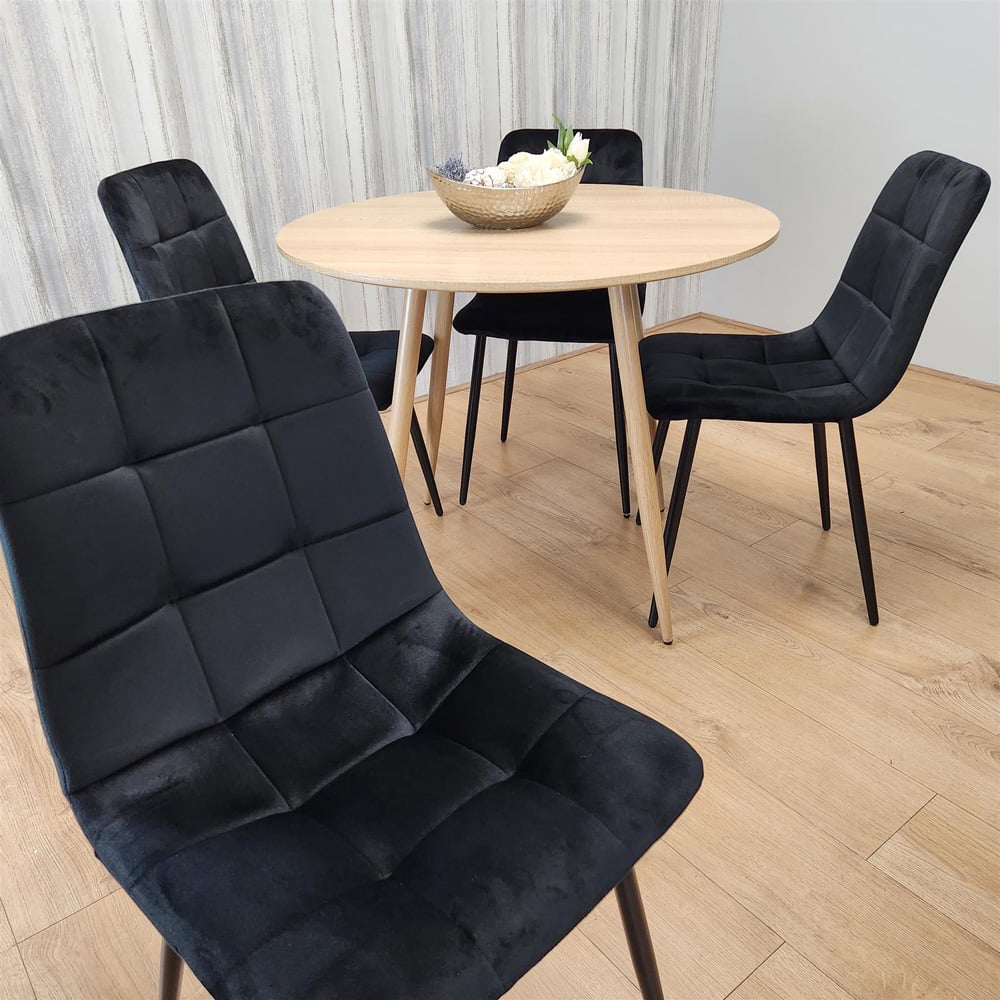 Portland 4 Seater Velvet Round Dining Set Wood Effect and Black Image 2