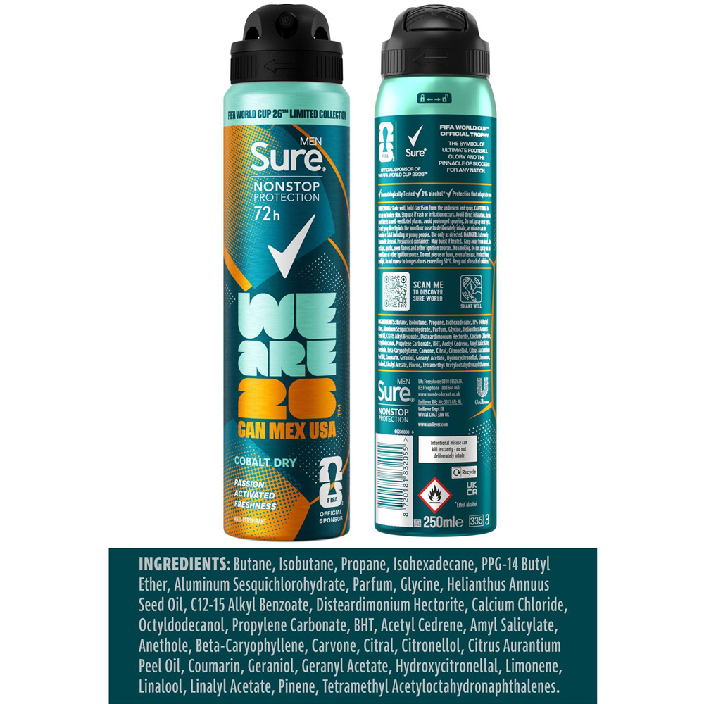 Sure Men Nonstop Protection FIFA Edition Cobalt Dry Anti-Perspirant Spray 250ml 6 Pack Image 7