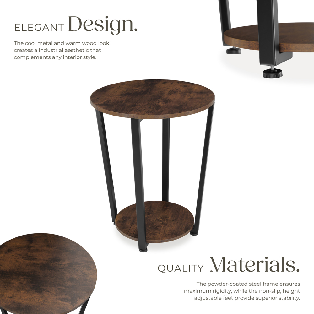 Tectake Swindon Single Shelf Round Rustic Dark Wood Bedside Table Image 4