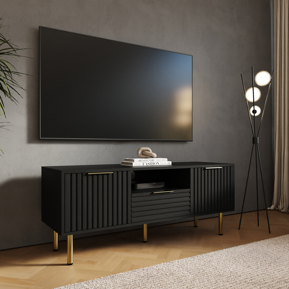 GFW Nervata 2 Door Single Drawer Black TV Unit Image 8