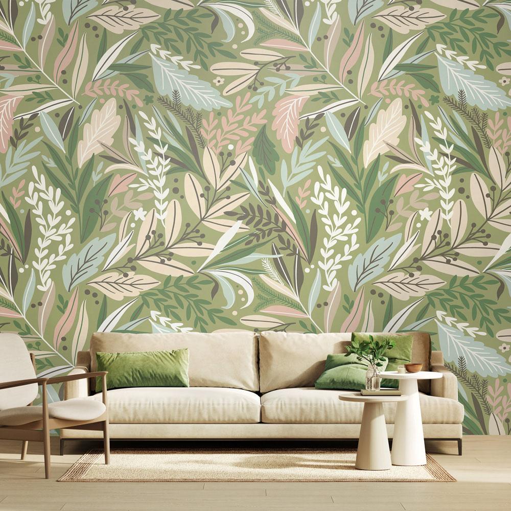 Origin Murals Repeatable Patterned Leaves Linen and Sage 3 Drop Wall Mural Image 3