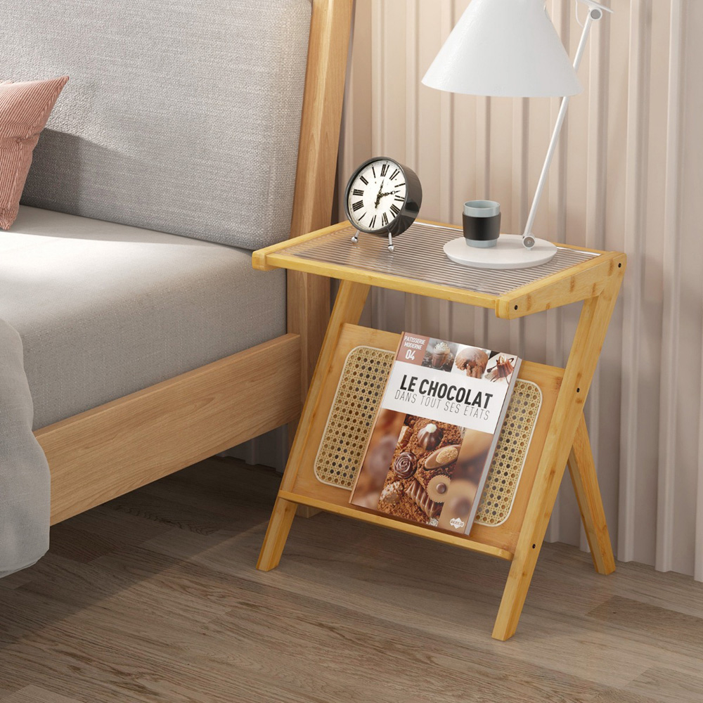 Costway Single Shelf Natural Bamboo Accent Bedside Table with Tempered Glass Top Image 5