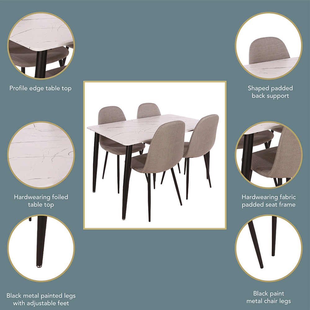 Core Products Aspen 4 Seater Foiled Top Upholstered Rectangular Dining Set White Marble Effect Image 8