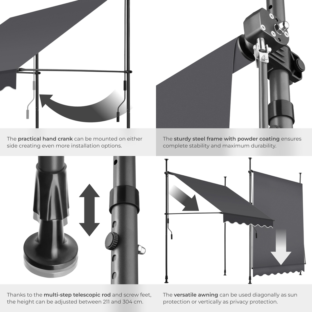 tectake Black and Grey Retractable Awning 1.5 x 1.8m Image 5