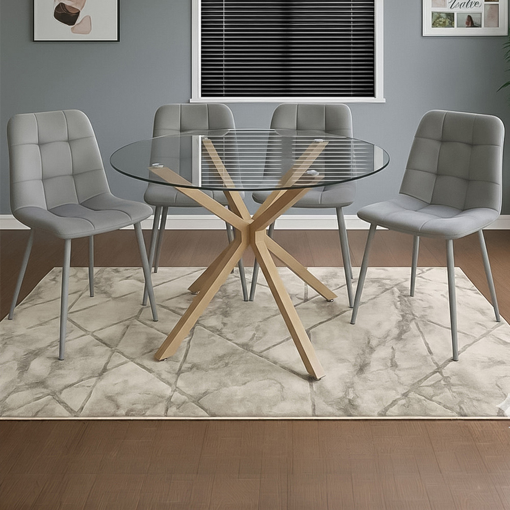 Portland 4 Seater Velvet Tufted Glass Tabletop Round Dining Set Grey Image 1