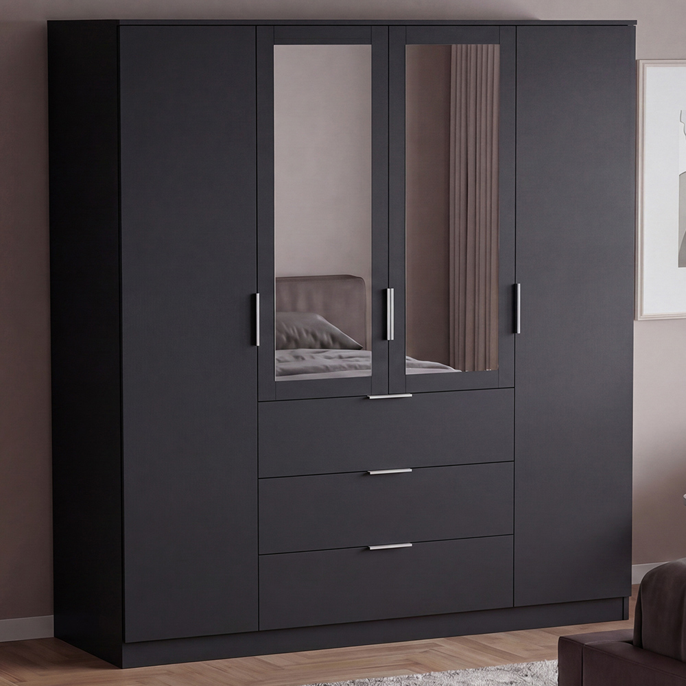 VIDA DESIGNS Trega 4 Door 3 Drawer Black Mirrored Wardrobe Image 1