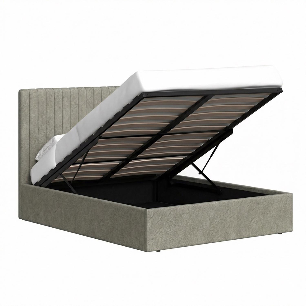 FWStyle Sollom Double Beige Sand Upholstered Lift-Up Ottoman Bed Frame with Ribbed Headboard Image 5