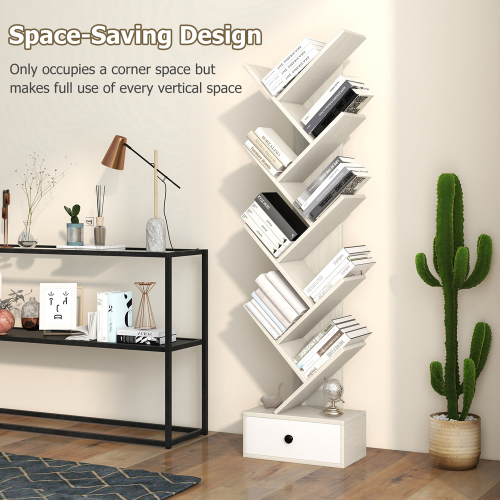 Costway Single Drawer 10 Shelf Beige Tree Bookshelf Image 5