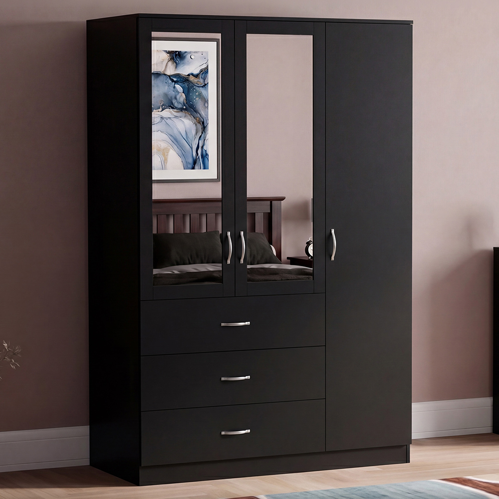 VIDA DESIGNS Riano 3 Door 3 Drawer Black Mirrored Wardrobe Image 1