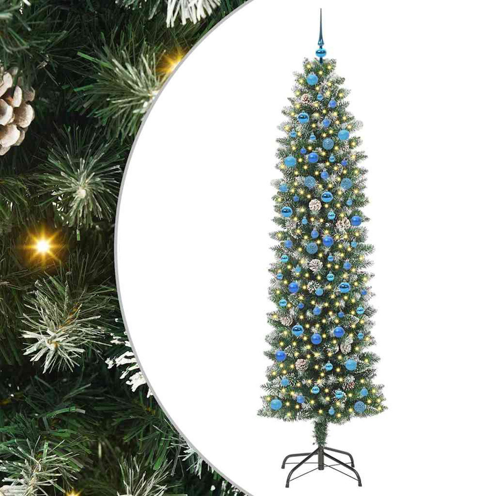 vidaXL Pre-Lit Warm White LED and Blue Baubles Green Slim Artificial Christmas Tree 8ft Image 7
