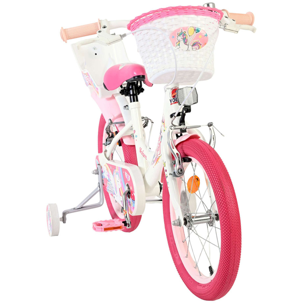 Volare Unicorn Kids 16 inch White and Pink Bike with Stabilisers Doll Seat and Basket Image 2