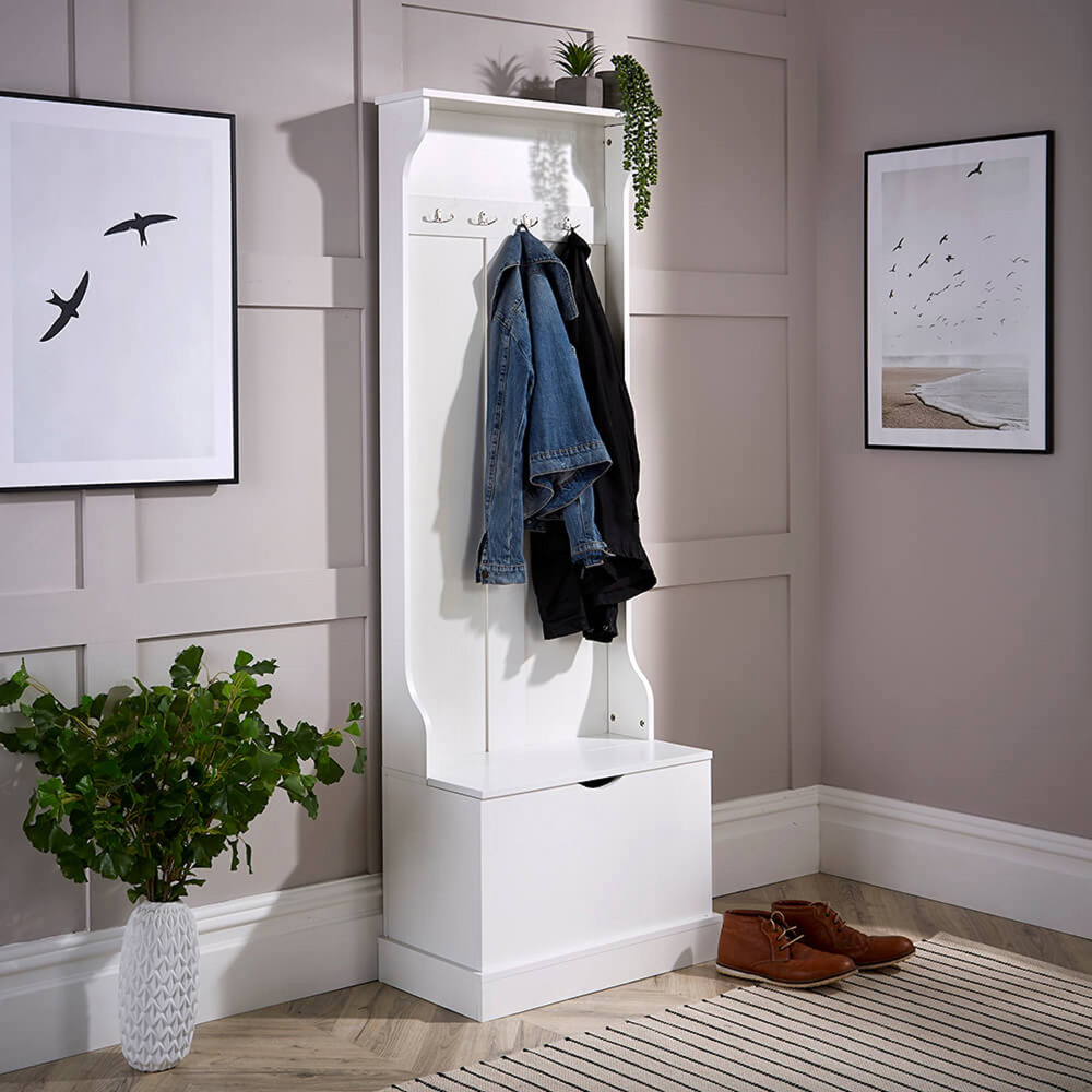 Home Source Lincoln White Coat and Shoe Storage Bench with Hooks Image 8