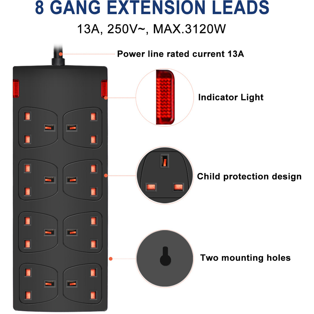 ExtraStar 13A 1m 8 Socket Child Resistant Black Extension Lead with Indicate Light Image 3