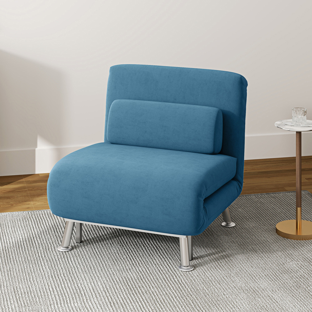 HOMCOM Single Blue Velvet Chair Bed with Adjustable Backrest Image 4