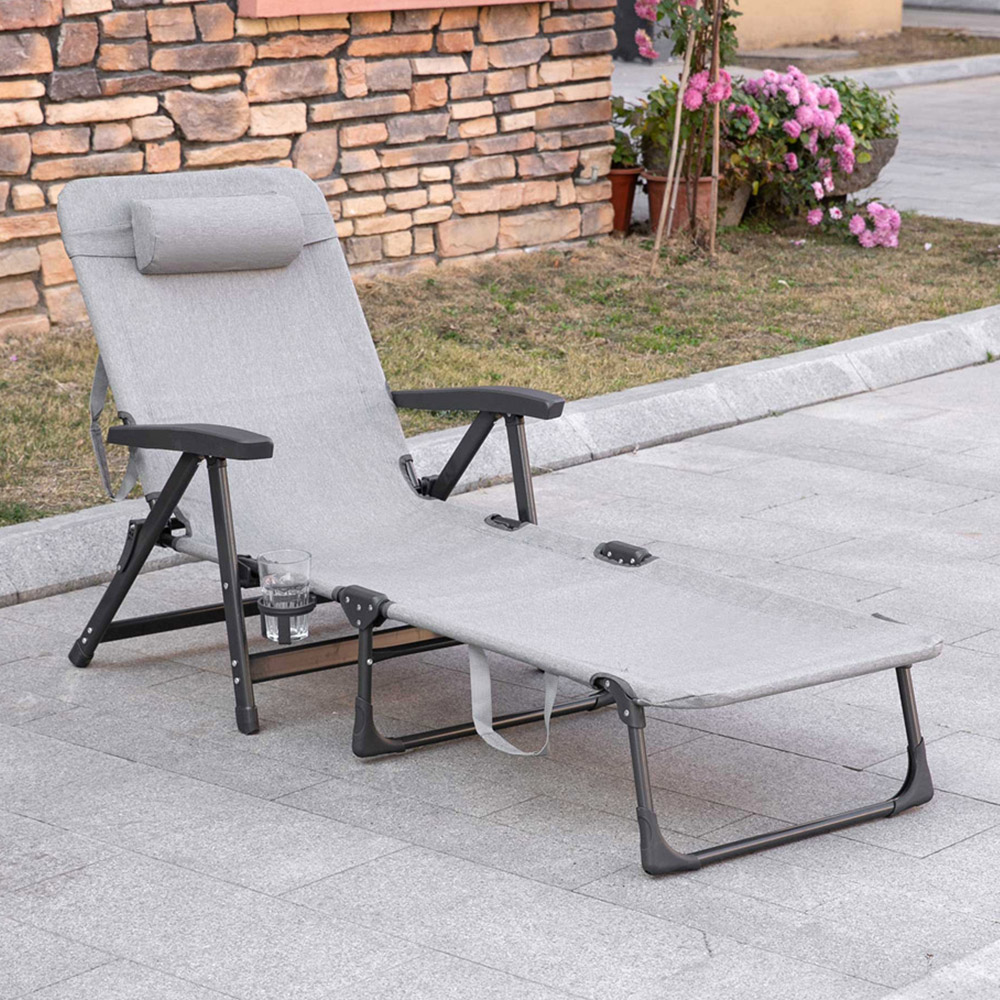 Outsunny Light Grey Recliner Folding Sun Lounger with Pillow and Cup Holder Image 1