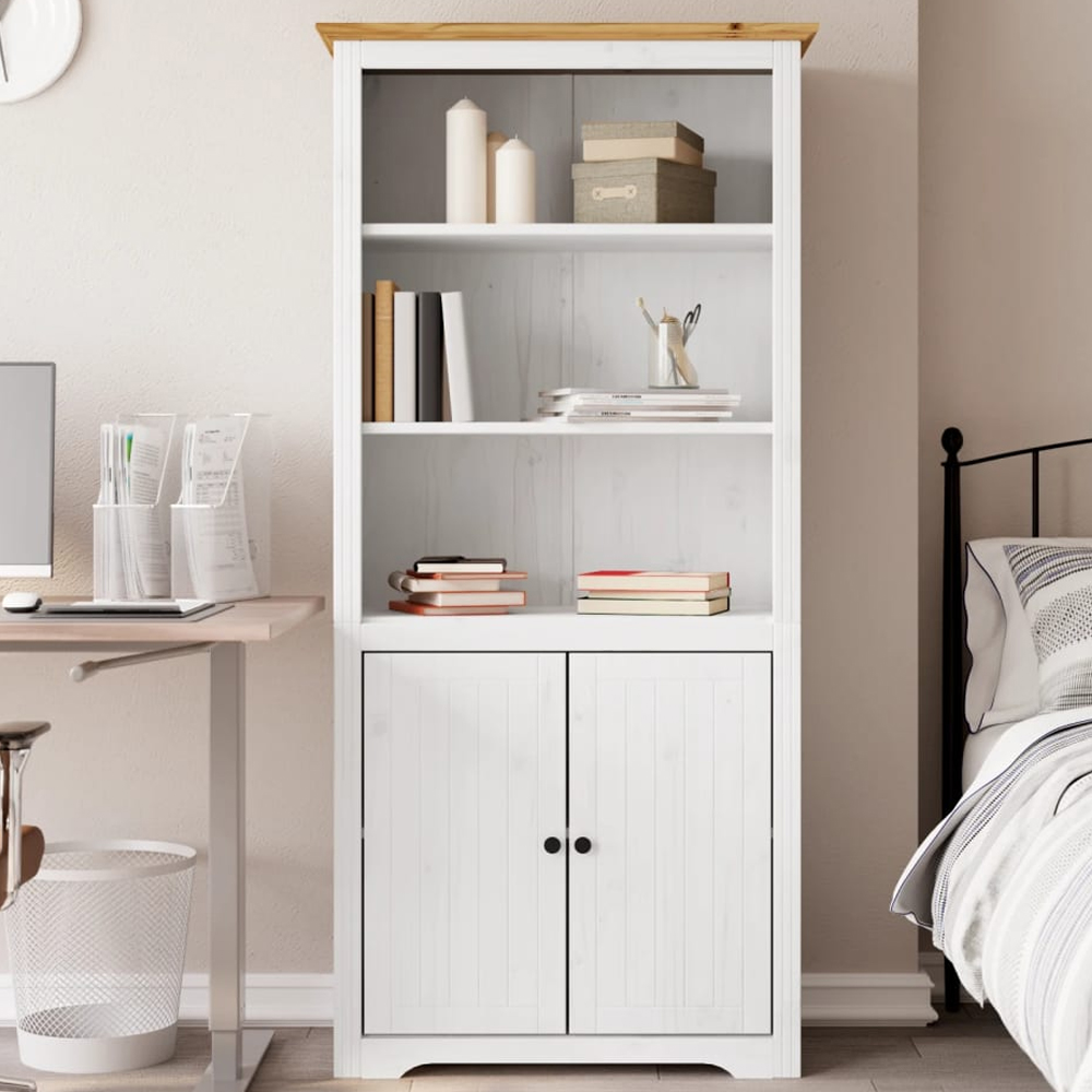 vidaXL Bodo 2 Door 3 Shelf White and Brown Solid Pine Wood Bookcase Image 1