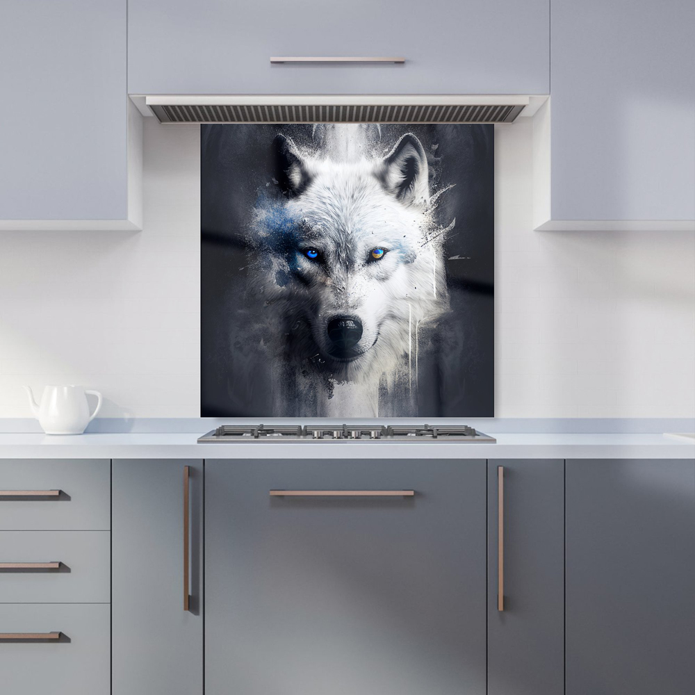 Warren Reed Designer Dark Background Splashart White Wolf Face Glass Kitchen Splashback 60 x 60cm Image 1