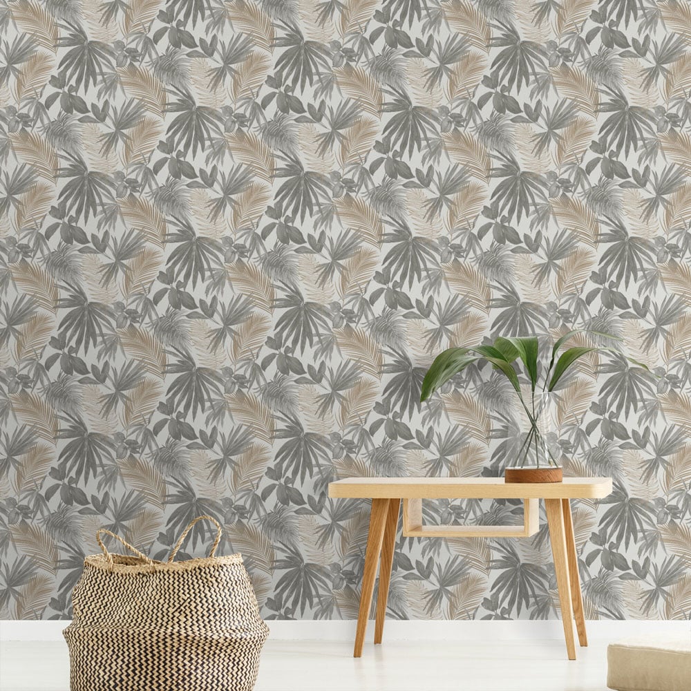 Grandeco Wild Palms Smooth Charcoal Wallpaper Image 2