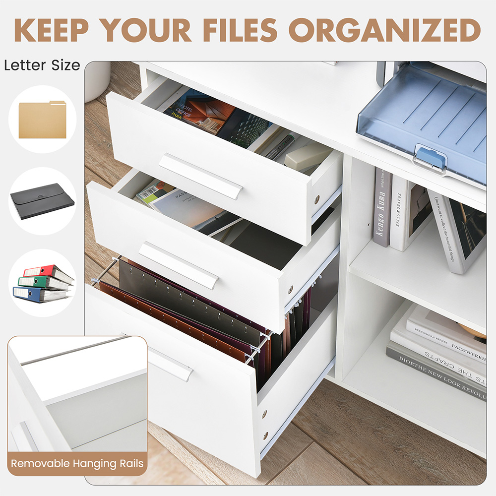 Costway 3 Drawer 2 Shelf White Filing Cabinet Image 6
