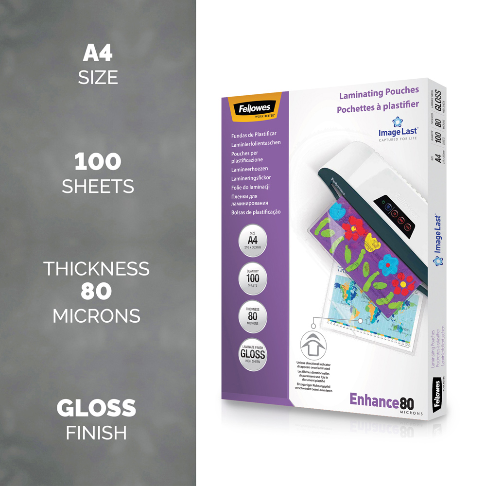 Fellowes A4 80 Micron Gloss Laminating Pouch 100 Pack Image 2