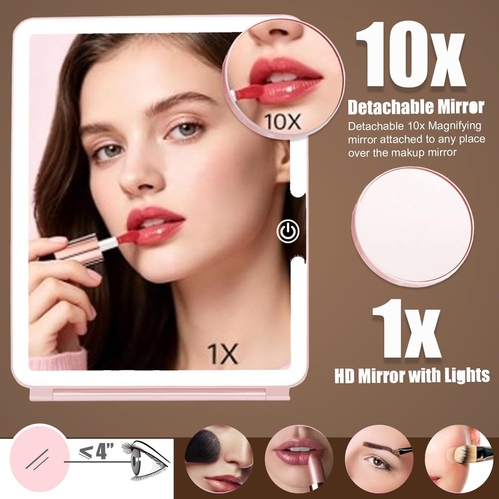 ATEK Pink Rechargeable LED Touch Control Travel Makeup Mirror with 10x Magnifying Insert Image 3