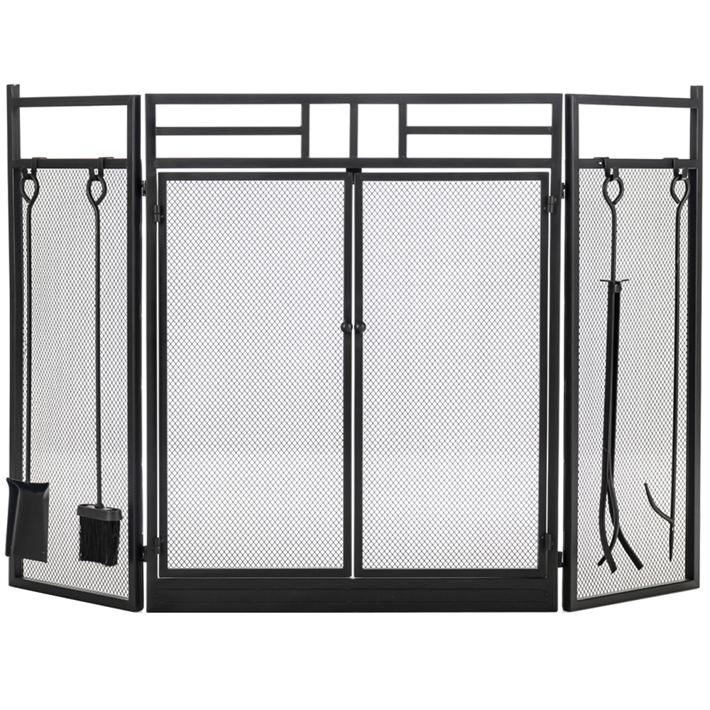 Costway 3 Panel Black Folding Fireplace Screen with Tools Set Image 1