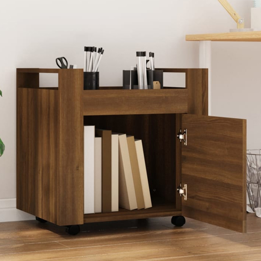 vidaXL Single Door Single Shelf Brown Oak Wooden Desk Trolley Image 1