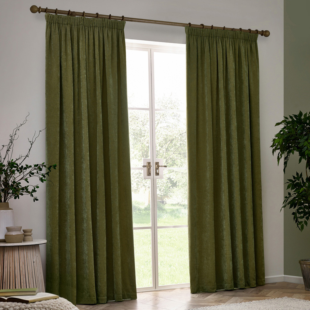 Yard Heavy Olive Chenille Blackout Pencil Pleat Curtains 229 x 229cm Image 1