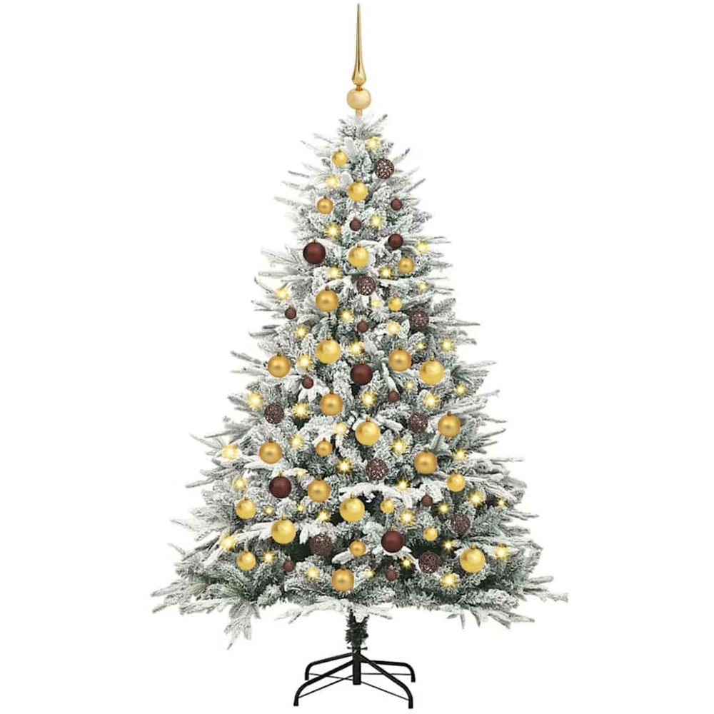 vidaXL 300 LED Pre-Lit Gold and Bronze Baubles Green Artificial Snow Flocked Christmas Tree 6ft Image 1