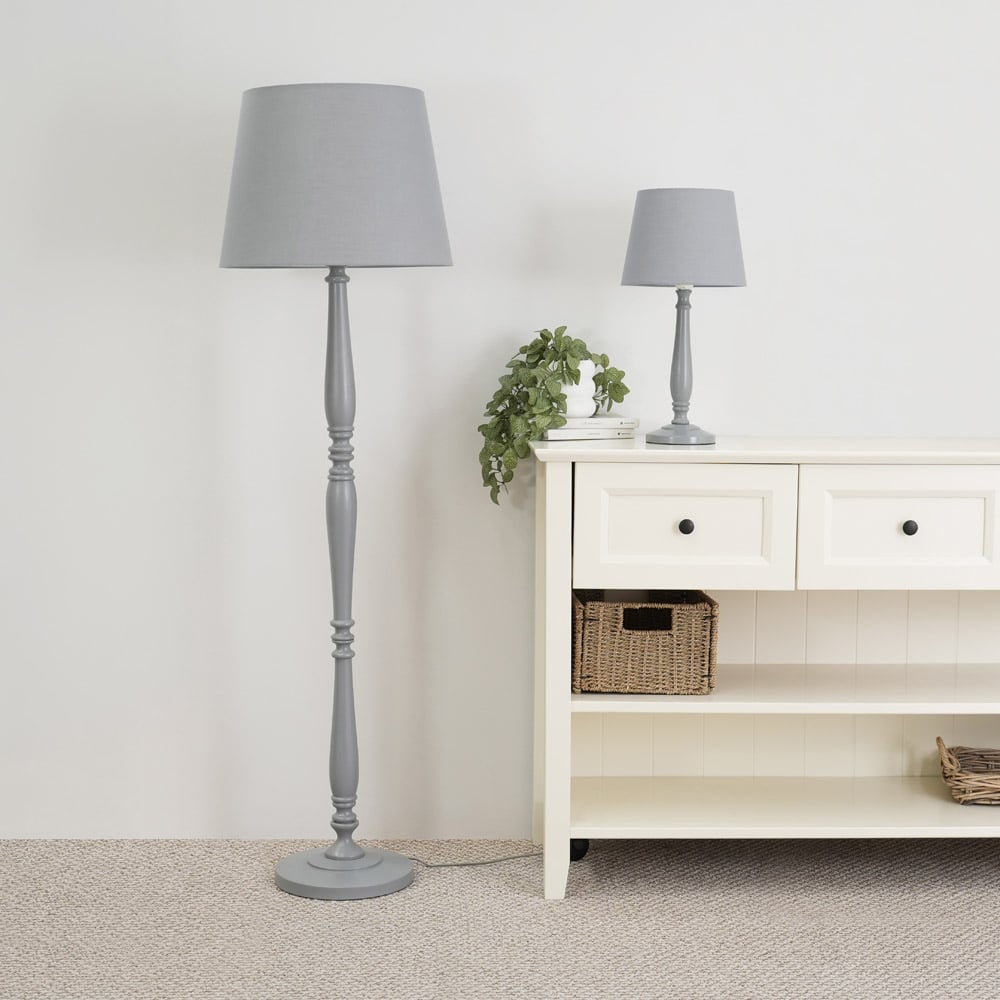 ValueLights Victoria Grey Fabric Tapered Shade White Wood Traditional Stem LED Floor Lamp Image 5