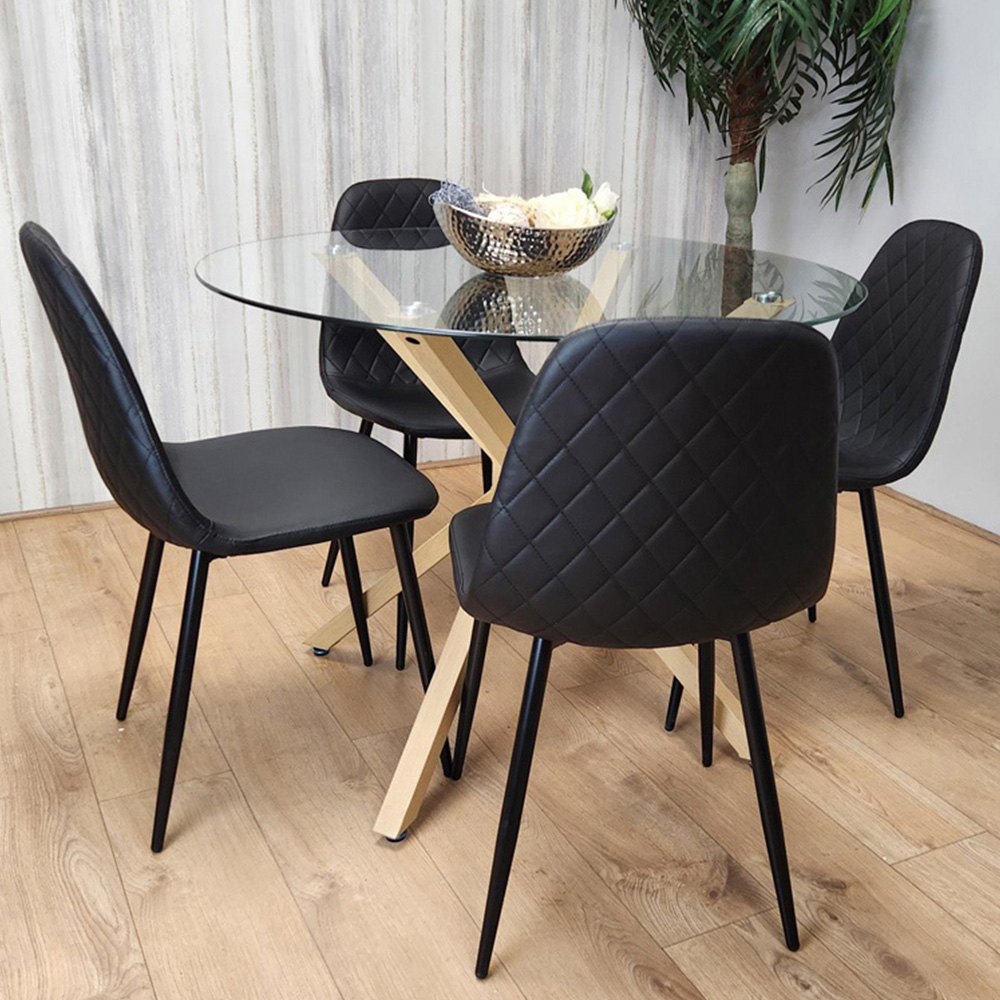 Kosy Koala 4 Seater Glass and Faux Leather Gem Pattern Round Dining Set Black Image 1