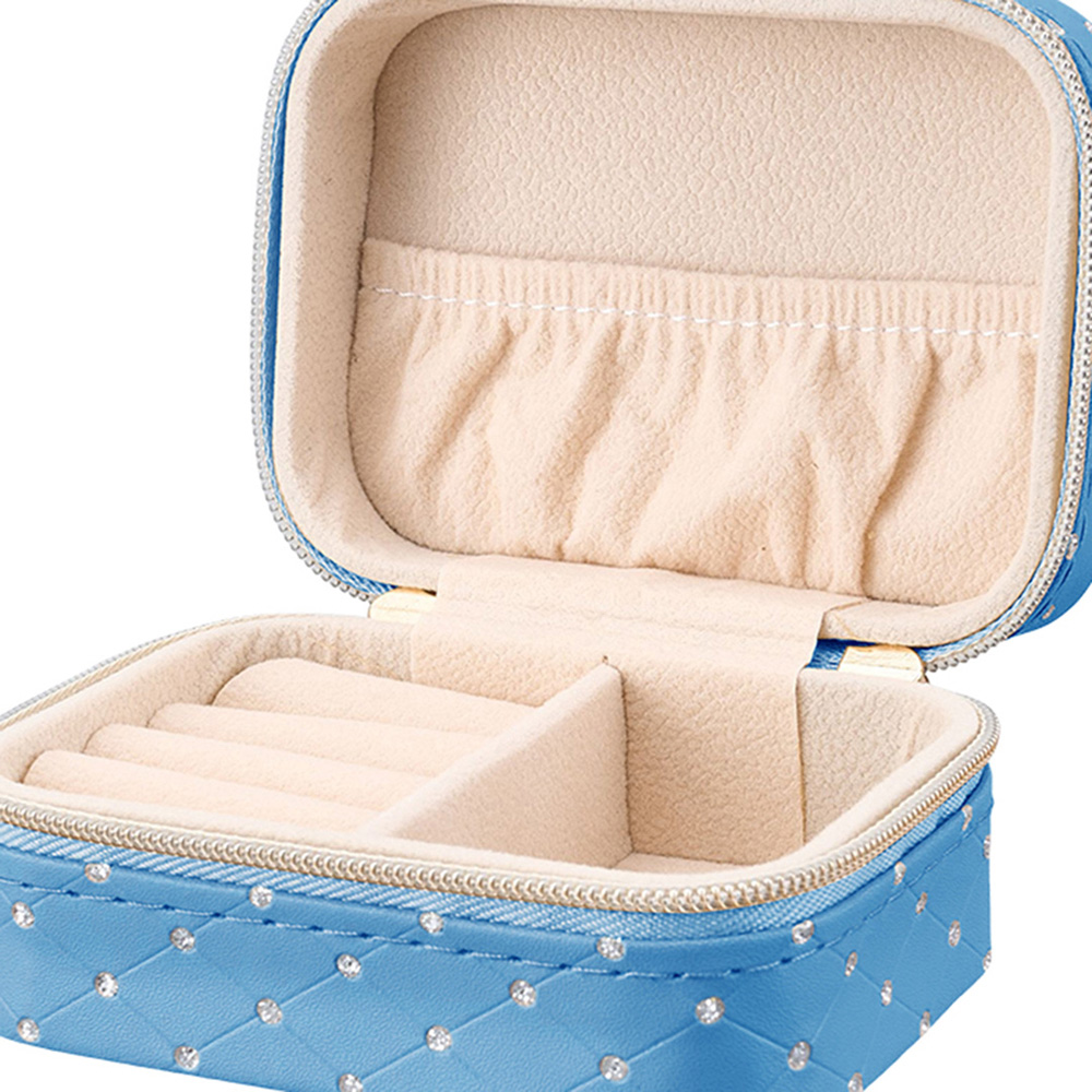 Living and Home Blue PU Leather Rhinestone Detailing Travel Jewellery Box Image 6