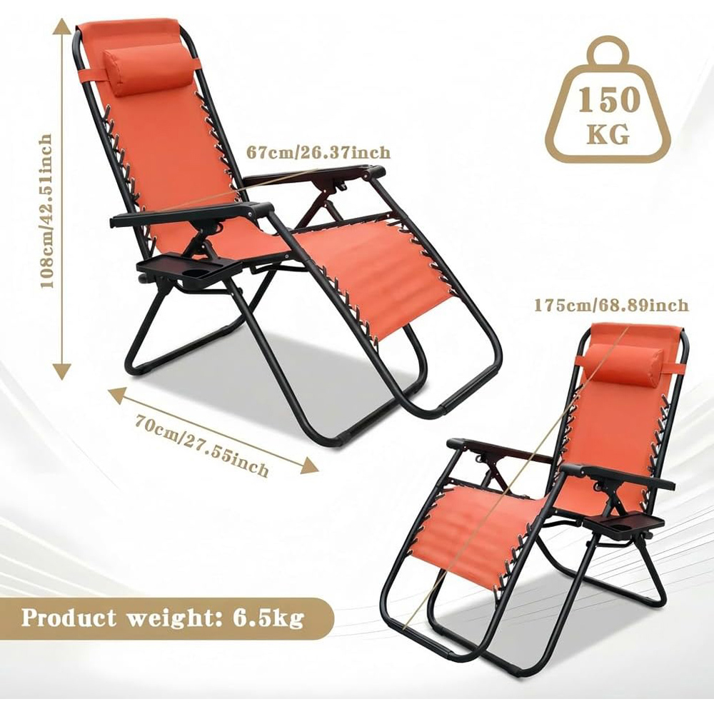 Alivio 2 Pack Orange Zero Gravity Reclining Sun Loungers Image 9