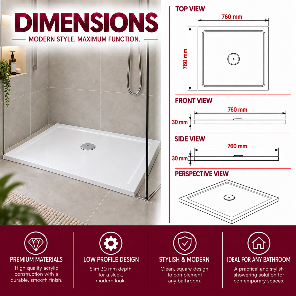 Go Bathrooms 30mm White Low Profile Square Shower Tray 760 x 760mm Image 5