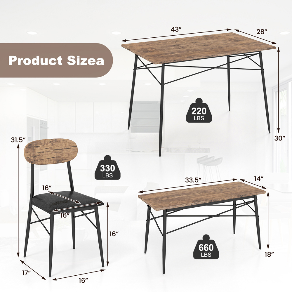 Costway 4 Seater Faux Leather Dining Set with Bench Rustic Brown Image 9