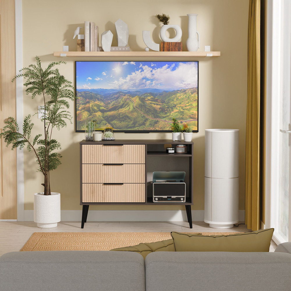 Crowndale Hong Kong 3 Drawer Slatt Effect and Graphite TV Sideboard Ready Assembled Image 7