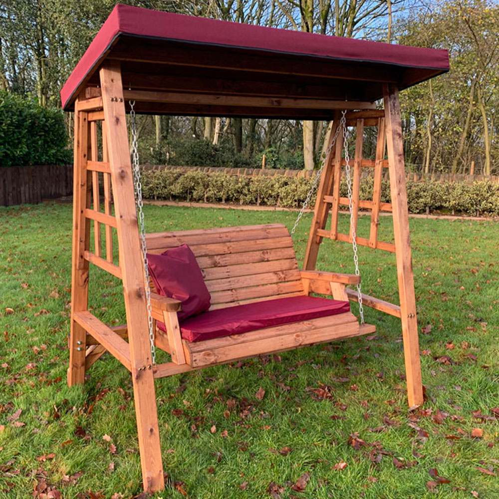 Charles Taylor Dorset 2 Seater Swing with Burgundy Cushions and Roof Cover Image 1