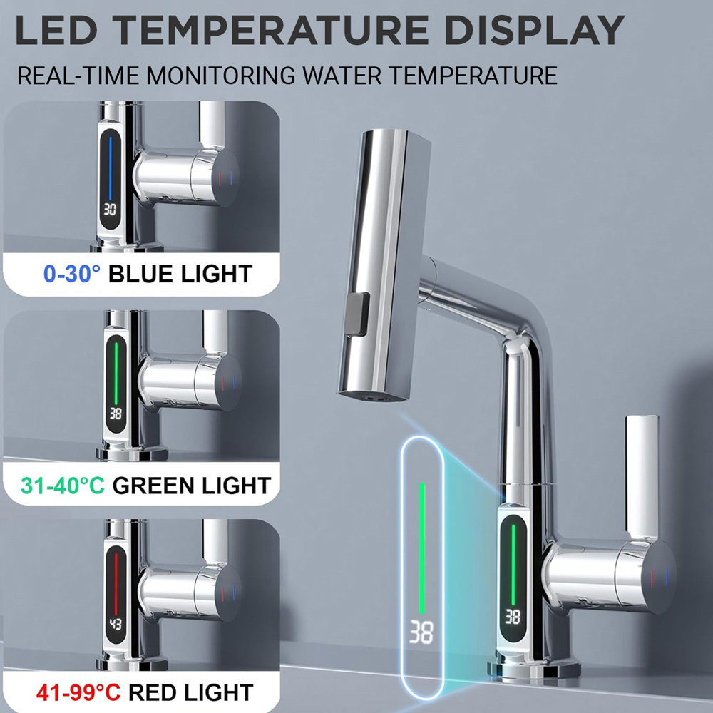 Ener-J Single Hole Chrome Pull Out Waterfall Kitchen Tap with LED Display Image 8
