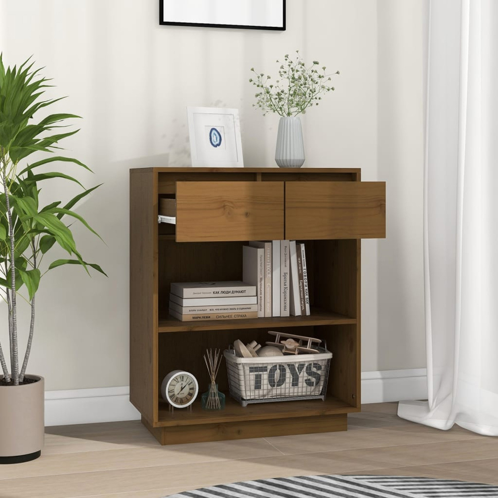 vidaXL 2 Drawer 2 Open Shelf Honey Brown Solid Pinewood Console Cabinet Image 7