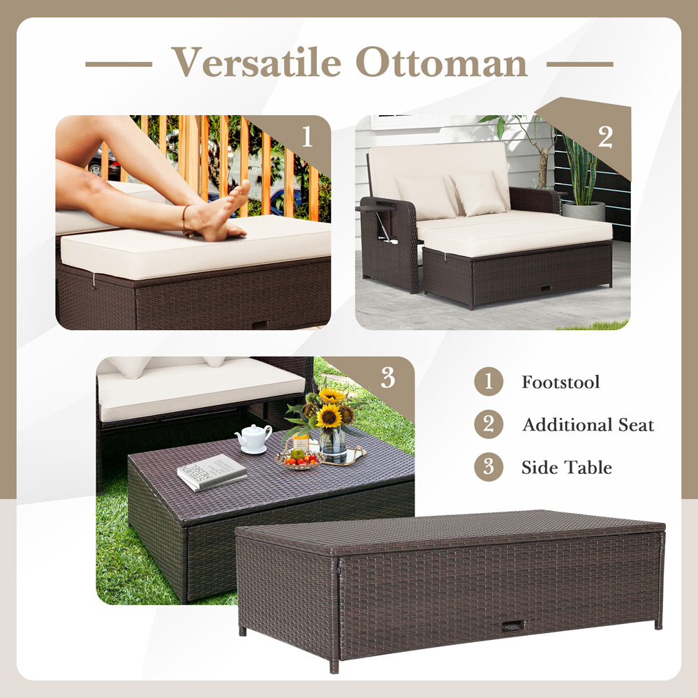 Costway 2 Seater Ratan Wicker White Loveseat Sofa with Ottoman and Side Tray Image 6
