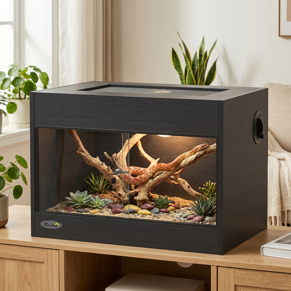 PawHut Black Reptile Vivarium with Sliding Glass Doors and Top Ventilation Image 3