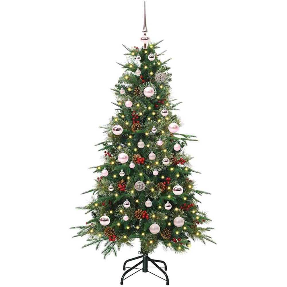 vidaXL Pre-Lit Pink Baubles Green Artificial Hinged Christmas Tree 5ft Image 2