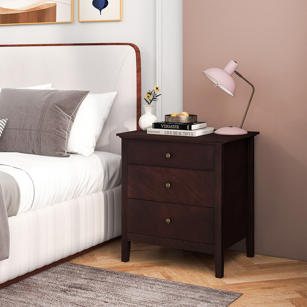 Costway 3 Drawer Brown Wooden Bedside Table Image 4