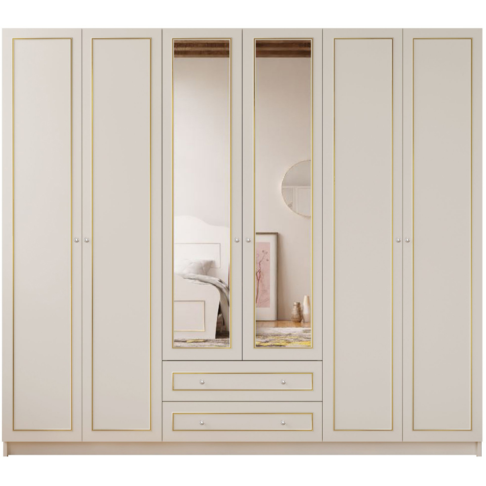 Evu MARIE 6 Door 2 Drawer Gold and White Mirror Wardrobe Image 3