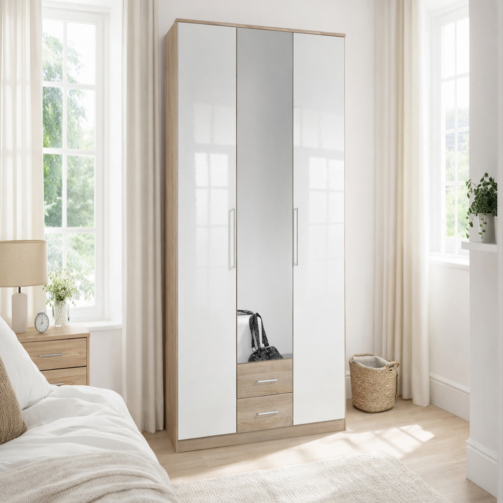 TJ'S Omega 3 Door 2 Drawer Oak and White Mirrored Wardrobe Image 4
