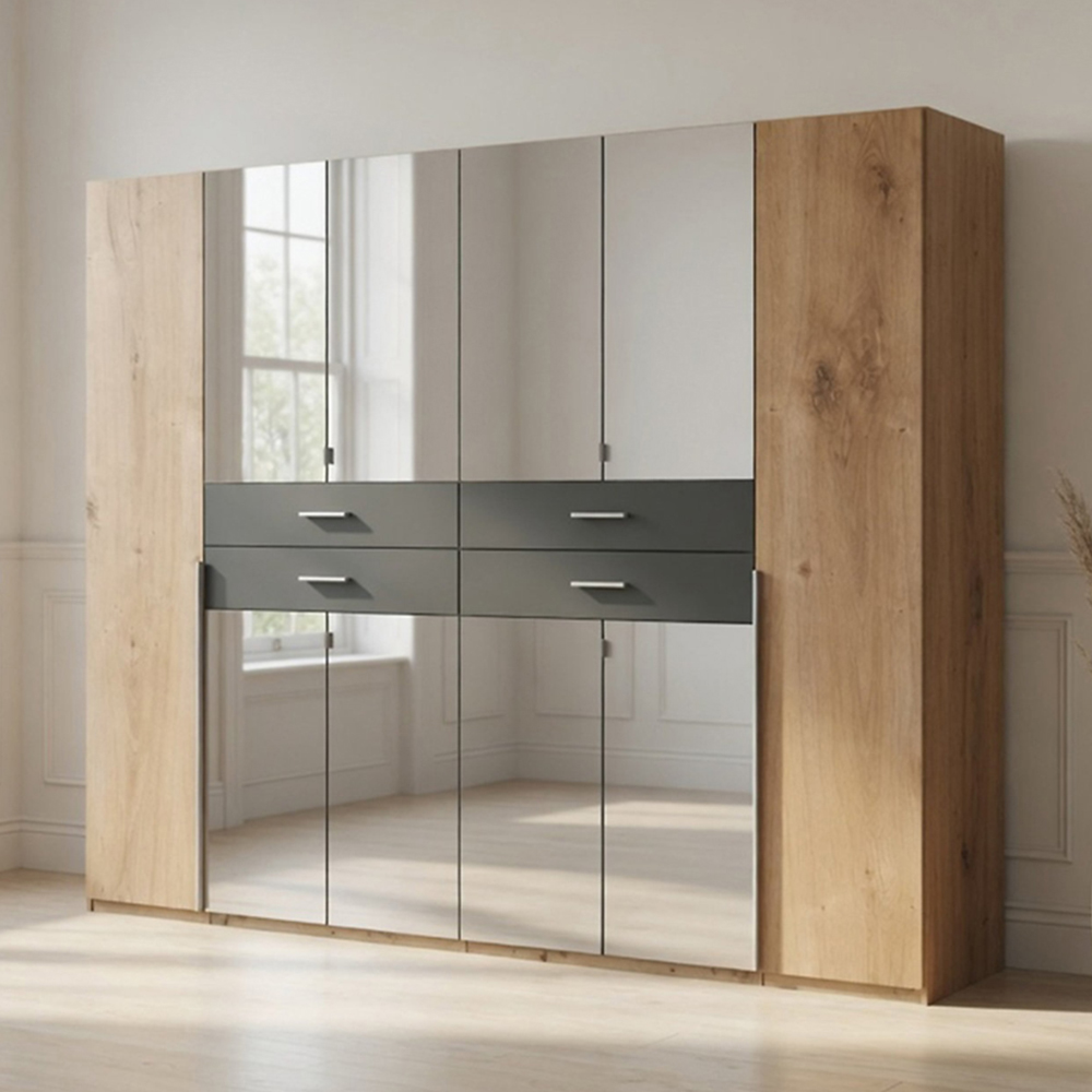 TJ'S Lviv 6 Door 4 Drawer Oak Wardrobe with Mirror Image 1