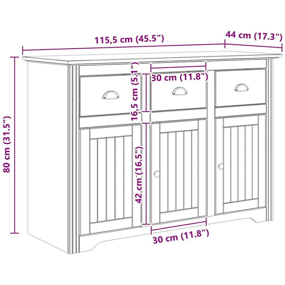 vidaXL Bodo 3 Door 3 Drawer Honey Brown Sideboard Image 9