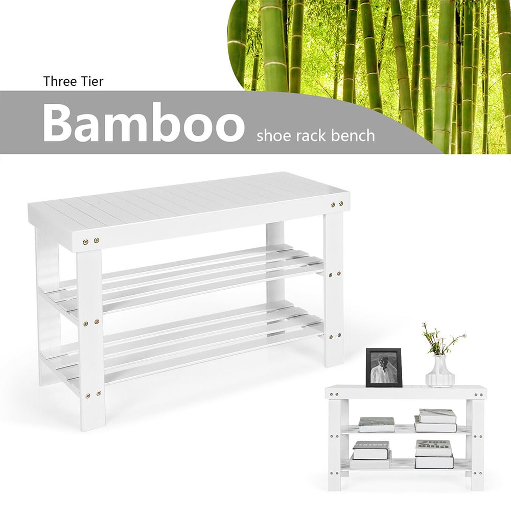 Costway White Bamboo Shoe Bench Image 5