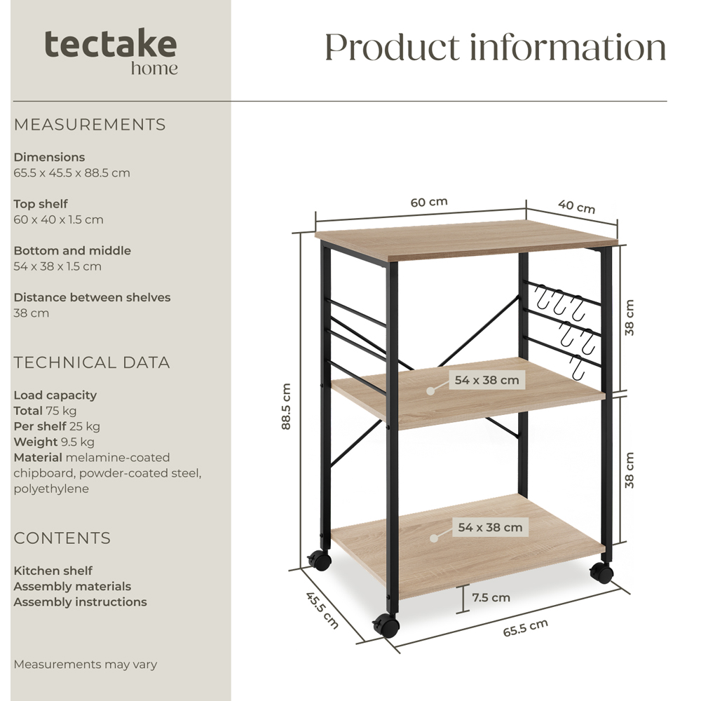 Tectake Rugby 3 Shelf Oak Sonoma Drinks Trolley with Hooks Image 9